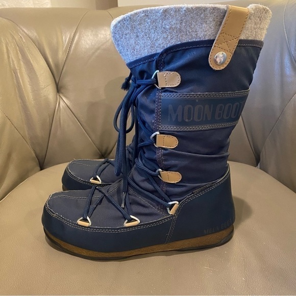 The Original Moon Boot Monaco Felt Warm Winter Snow Boots Navy Blue Women Size 6 - Picture 4 of 12